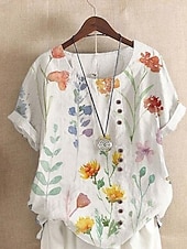 Χαμηλού Κόστους Πουκάμισα-Γυναικεία Πουκάμισο Μπλούζα Λινό από ψεύτικο βαμβάκι Στάμπα Φλοράλ Καθημερινό Αμάνικο Κοντομάνικο Στρογγυλή Ψηλή Λαιμόκοψη Τετράγωνη Λαιμόκοψη Λαιμός σέσουλα Κανονικά μπλουζάκια Καθημερινά Λευκό Μπεζ
