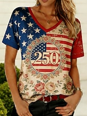  Giorno dell'Indipendenza Americana Per donna Maglietta Stampato Grafico Bandiera Americana Bohemien Vintage Elegante Manica Corta Scollo a V Top Regolari Quotidiano Uscire Weekend Blu Rosso Cachi