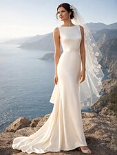 cheap Little White Dresses-Beach Wedding Hall Open Back Casual Wedding Dresses Sheath Scoop Neck Sleeveless Sweep / Brush Train Stretch Fabric Bridal Gowns With Draping