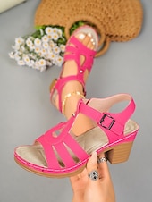 cheap Heeled Sandals-Women's Rose Pink Strappy Block Heel Sandals – Comfortable Casual Summer Shoes for Daily, Travel and Garden Wear