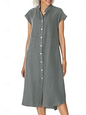 abordables Robe blanche-Femmes Robe Midi Robe fourreau Robe d'été Occasionnel Quotidien Coupe Ample Uni Manche Courte Col haut Vin bleu marine Gris Été