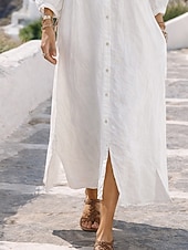 abordables Vestidos-Mujer Vestido maxi Vestidos con tacto de lino Lino de algodón sintético Vestido de cambio Vestido de Camisa Elegante Básico Casual Manga de la linterna Diario Hogar Trabajo Holgado Plano Manga Larga