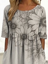  女性用 ミディドレス カジュアルドレス プリントドレス ファッション アウトドア バケーション お出かけ ルーズフィット フラワー グラフィック ハーフスリーブ クルーネック ライトイエロー ライトピンク ライトグリーン グレー 夏 春