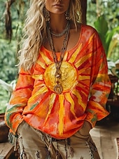 abordables Tops Boho-Mujer Camiseta bohemia Camiseta Camiseta superior Estampado Graphic Vintage Étnico Casual Manga Larga Escote en Pico Tops regulares Diario Fin de semana Ropa de vacaciones Amarillo Rojo Naranja Verde