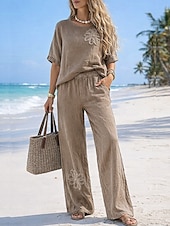 preiswerte Sets-Damen Hosen-Sets Bolero Kunstbaumwollleinen Halbarm Rundhals Blumen Mode Streetwear Lässig Täglich Outdoor Braun Sommer Normale Passform