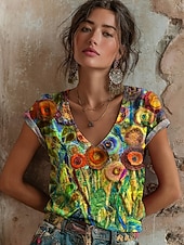  Per donna Maglietta Stampato Floreale Grafico Graffiti Bohemien Vintage Casual Manica Corta Scollo a V Top Regolari Quotidiano Blu Azzurro cielo Viola Verde Estate Primavera