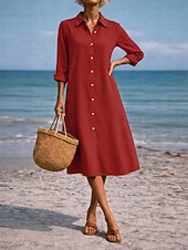 tanie Podstawowe sztuczne sukienki-Damskie Sukienka midi Sukienka koszulowa Codzienne sukienki Sukienka A line Sukienka z imitacji lnu Moda Podstawowy Nowoczesny Codzienny Urlop Wyjściowe Regularny Równina Długi rękaw Kołnierzyk