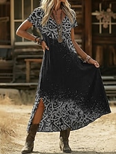 お買い得  エスニックボヘミアンドレス-女性用 マキシドレス 自由奔放に生きるドレス カジュアルドレス A ラインドレス プリントドレス ヴィンテージ アウトドア バケーション 週末 ルーズフィット グラフィック 半袖 Ｖネック ブラック イエロー ライトグリーン ピンク 夏 春