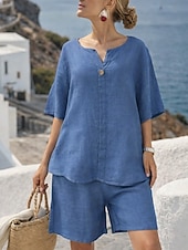 baratos Conjuntos Co-ord Falsos Essenciais-Conjunto feminino de shorts em linho sintético com estampa de algodão, manga 3/4, decote em V, cor sólida, estilo streetwear, casual, para uso diário, em tons de azul, branco e rosa, ideal para o