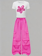 economico Completi per bambine-2 Pezzi Bambini Ragazze Tinta unica Tasca T-shirt e pantaloni Impostato Manica Corta Sport Casuale 7-13 Anni Estate Rosa