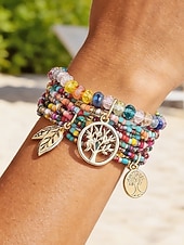 cheap Vacation Accessories-Women's Bohemian Tree of Life Beaded Bracelet – Alloy &amp; Multi-Colored Beads, Perfect for Casual Wear &amp; Beach Vacation Style