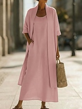 cheap Plain Dress-Women's Dress Set Shift Dress Elegant Plain Pocket Maxi Dress 3/4 Length Sleeve Crew Neck Daily Outdoor Blue White Pink Summer Spring Loose Fit