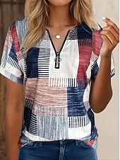 preiswerte Streifen- und geometrisches T-Shirt-Damen T Shirt Reißverschluss Viertel Postleitzahl Grafik Geometrisch Farbblock Tropisch Hawaiianisch Stilvoll Kurzarm Rundhalsausschnitt V Ausschnitt Normale Oberteile Täglich Sport Ausgehen Wei