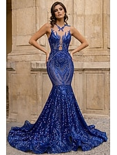 abordables Vestidos de Noche Sirena-Corte Trompeta Sirena Cola barrida Trajes de gala Vestidos de noche Corte Cenicienta Vestimenta formal Elegante Sin Mangas Escote de ilusión Carnaval Formal afroamericano Lentejuelas con Lentejuela