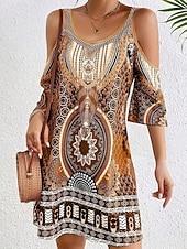 billige Boho-kjoler-Dame Mini kjole Boho-kjole Vintage kjole Uformell kjole Elegant Mote Moderne Feriereise Ut på byen Helg Normal Geometrisk Stamme Halvlange ermer V-hals Blå Lilla Brun Grønn Sommer Vår