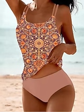 preiswerte Tankinis-Damen Badeanzug Tankini Zweiteilig Freche Unterhose Bademode Bauchkontrolle Hohe Taille Schlank Rückenfrei Urlaub Strandbekleidung Blumen U-Ausschnitt Ärmellos Badeanzüge