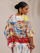  Santorini Sommer-Top aus seidigem Satin mit Dolmanärmeln