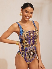 economico Costumi da bagno di stilisti-Costume da bagno intero elasticizzato blu notte barocco