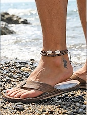 levne Dovolená příslušenství-Pánská sada bohémských náramků na kotník z mušlí cowrie a dřevěných korálků, 2 ks ručně vyráběných kmenových nastavitelných šperků na nohy pro letní dovolenou u pláže a každodenní nošení.