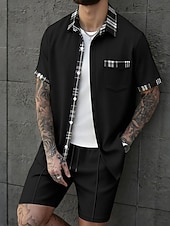 preiswerte Herren Basic Hemden Sets-Herren Zweiteilig Hemd Set Sommer-Set Und Set Kontrastfarbe Lässig Täglich Urlaub Hemdkragen Kurzarm Kurze Hose Sommer Frühling Mode Lässig Bequem Bekleidung