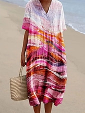  Women's Midi Dress Shift Dress Vacation Casual Beach Daily Going out Loose Fit Graphic Geometric Short Sleeve V Neck Yellow Red Purple Green Summer Spring