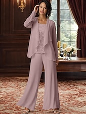 abordables Trajes de pantalón de mamá-Traje de pantalón Traje de 3 piezas Hasta el Suelo Vestido de Madrina Sin Mangas Barco de cuello Elegante Talla Grande Bolero incluido Formal Invitado a la boda Gasa con Encaje