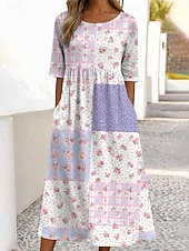 女性用 ミディドレス カジュアルドレス プリントドレス ヴィンテージ アウトドア バケーション お出かけ ルーズフィット フラワー グラフィック ハーフスリーブ クルーネック ブルー ライトパープル パープル グリーン 夏 春
