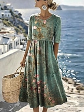ieftine Rochii casual florale-Pentru femei Rochii Midi Rochie de schimb Vacanță Casual Boho Zilnic Rochie de vară Rochie de primăvară Fit regulat Floral Grafic Lungime Manșon 3/4 Stil Nautic Albastru piscină Alb Verde Deschis