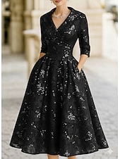 abordables Longueur du thé-Ligne A Longueur thé Robe d'invité de mariage Robe de Mère de Mariée  Manche 3/4 Revers Élégant ancien Éclat &amp; Brillance Formel robe demoiselle d honneur Kentucky Derby Chiffon Jacquard avec Imprim