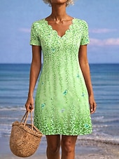 abordables Vestido Floral-Mujer Mini vestido Vestido estilo camiseta Vestido de una línea Vestido de verano Casual Diario Playa Festivos Ajuste regular Floral Graphic Manga Corta Cuello con muescas. Azul Piscina Rosa Morado
