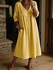  Femmes Robe Midi Robes effet lin Robe d'Été Robe trapèze Robe d'été Vacances Fête Basique Quotidien Bureau Plage Coupe Ample Uni Demi Manches Col en V Bleu Ciel Noir Olive verte Jaune Été Printemps