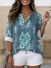 ieftine Bluze Art&amp;Design-Pentru femei Bluză Imprimeu Grafic Geometric Epocă Stilat Modern Lungime Manșon 3/4 Stil Nautic Topuri obișnuite Zilnic Concediu Costum de plajă Albastru piscină Mov Trifoi Albastru Închis Var