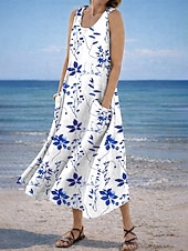 abordables Vestidos florales-Mujer Vestido Midi Vestido de verano Vestido de una línea Vacaciones Casual Boho Festivos Holgado Floral Graphic Sin Mangas Escote en U Azul Piscina Rojo Morado Verde Trébol Verano Primavera