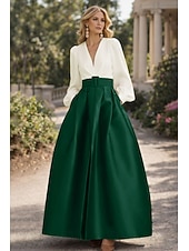 cheap A-Line Evening Dresses-A-Line Floor Length Evening Gown High Split Mother Of The Bride Long Sleeve V Neck Formal Wedding Guest Belt / Sash Satin with Pleats Slit