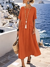 preiswerte Kleider-Damen Midikleid A Linie Kleid Sommerkleid Lässig Täglich Lässiger Schnitt Einfach Kurzarm Rundhalsausschnitt Blau Gelb Rosa Orange Sommer