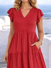 economico Vestito bianco-Per donna Abito Midi Abito a trapezio Abito Estivo Casual Quotidiano Vestibilità regolare Semplice Manica Corta Scollo a V Rosso Estate
