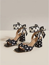 Χαμηλού Κόστους Ρετρό στυλ της δεκαετίας του 1950-Γυναικεία ρετρό πουά σανδάλια της δεκαετίας του 1950 - μαύρα &amp;λευκές γόβες με ψηλό τακούνι και κορδέλα στον αστράγαλο &amp;λεπτομέρεια φιόγκου για vintage πάρτι &amp;ρετρό εκδηλώσεις