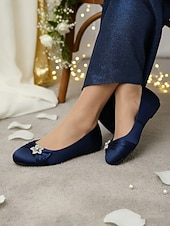 baratos Mãe da Noiva/Namorado-Sapatos de casamento para a mãe da noiva/do noivo, sapatilhas de cetim azul-marinho para mulheres, sapatos de casamento de salto baixo com detalhes em strass, sapatos de festa confortáveis.