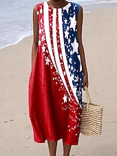 abordables Vestido del Día de la Independencia-día de la independencia americana Mujer Vestido Midi Vestido de cambio Vestido de verano Vacaciones Casual Exterior Holgado Estrellas y rayas Sin Mangas Cuello redondo Azul y blanco Azul Océano Rojo