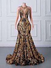 abordables Vestidos de Noche Sirena-Corte Trompeta Sirena Cola barrida Trajes de gala Vestidos de noche Corte Cenicienta Vestimenta formal Elegante Sin Mangas Escote de ilusión Carnaval Formal afroamericano Lentejuelas con Lentejuela