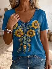 cheap Floral tee-Women's T Shirt Print Floral Graphic Vintage Stylish Classic Short Sleeve V Neck Regular Tops Daily Sports Going out Blue Light Beige Royal Blue Purple Summer Spring