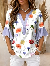 economico Bluse Floreali-Per donna Blusa Volant Stampato Floreale Grafico Vintage Quotidiano Elegante Manica 3/4 Scollo a V Top Regolari Quotidiano Ferie Abbigliamento da vacanza Rosa Viola Arancione Verde Estate Primavera