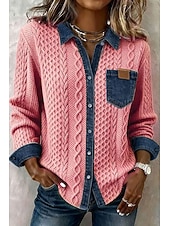 Недорогие Простые блузки-Жен. Рубашка Пуговицы Сплошной цвет Винтаж Стиль Классический Длинный рукав Рубашечный воротник Обычные топы Повседневные Синий Черный Розовый Хаки Лето Весна Осень