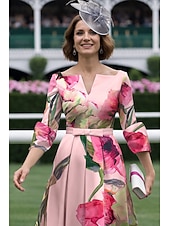  Ligne A Longueur thé Robe de Soirée Robe de Cocktail Robe d'invité de mariage Robe de Mère de Mariée  Demi Manches Col en V Élégant Formel Kentucky Derby Satin avec Imprimé floral