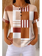 abordables T-shirt rayé et géométrique-Tops en tricot texturé en gaufre pour femmes T-shirt dégradé graphique géométrique élégant classique à manches courtes col rond Henley hauts réguliers sports quotidiens noir et blanc vert clair kaki