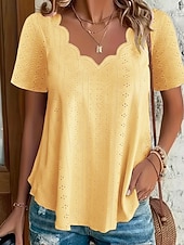 cheap Plain Blouses-Women's Pointelle Shirt Eyelet Top Blouse Eyelet Plain Active Basic Casual Short Sleeve V Neck Regular Tops Casual Daily Beach Black White Yellow Pink Wine Summer Spring