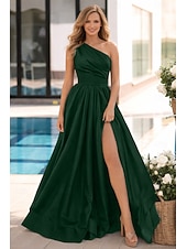 abordables Vestidos de noche de cintura imperio-Corte A Hasta el Suelo Trajes de gala Vestidos de noche Corte Cenicienta Vestimenta formal Elegante Minimalista Sin Mangas Un Hombro Fiesta de baile Invitado a la boda Satén con Plisado Abertura