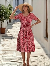 cheap Casual Floral Dresses-Women's Midi Dress Faux Cotton Linen Shift Dress Casual Dress Summer Dress Fashion Modern Daily Beach Weekend Regular Fit Floral Short Sleeve Crew Neck Blue White Red Navy Blue Summer