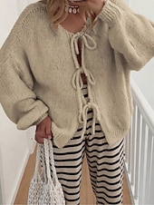 Χαμηλού Κόστους Απλή κάρντιγκαν-Γυναικεία Πουλόβερ Ζακέτα Μοντέρνα Κομψό στυλ street Καθημερινό Μονόχρωμες Κοτλέ Λαιμόκοψη V Με Κορδόνια Πλεκτό Μακρυμάνικο Κανονικά μπλουζάκια Πλέκω Καθημερινά ΕΞΩΤΕΡΙΚΟΥ ΧΩΡΟΥ Σαββατοκύριακο