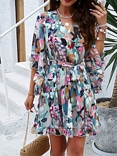 cheap Casual Floral Dresses-Women's Mini Dress Casual Dress Chiffon Dress Floral Dress Elegant Fashion Modern Outdoor Vacation Going out Regular Fit Floral Half Sleeve V Neck Black Pink Green Summer Spring